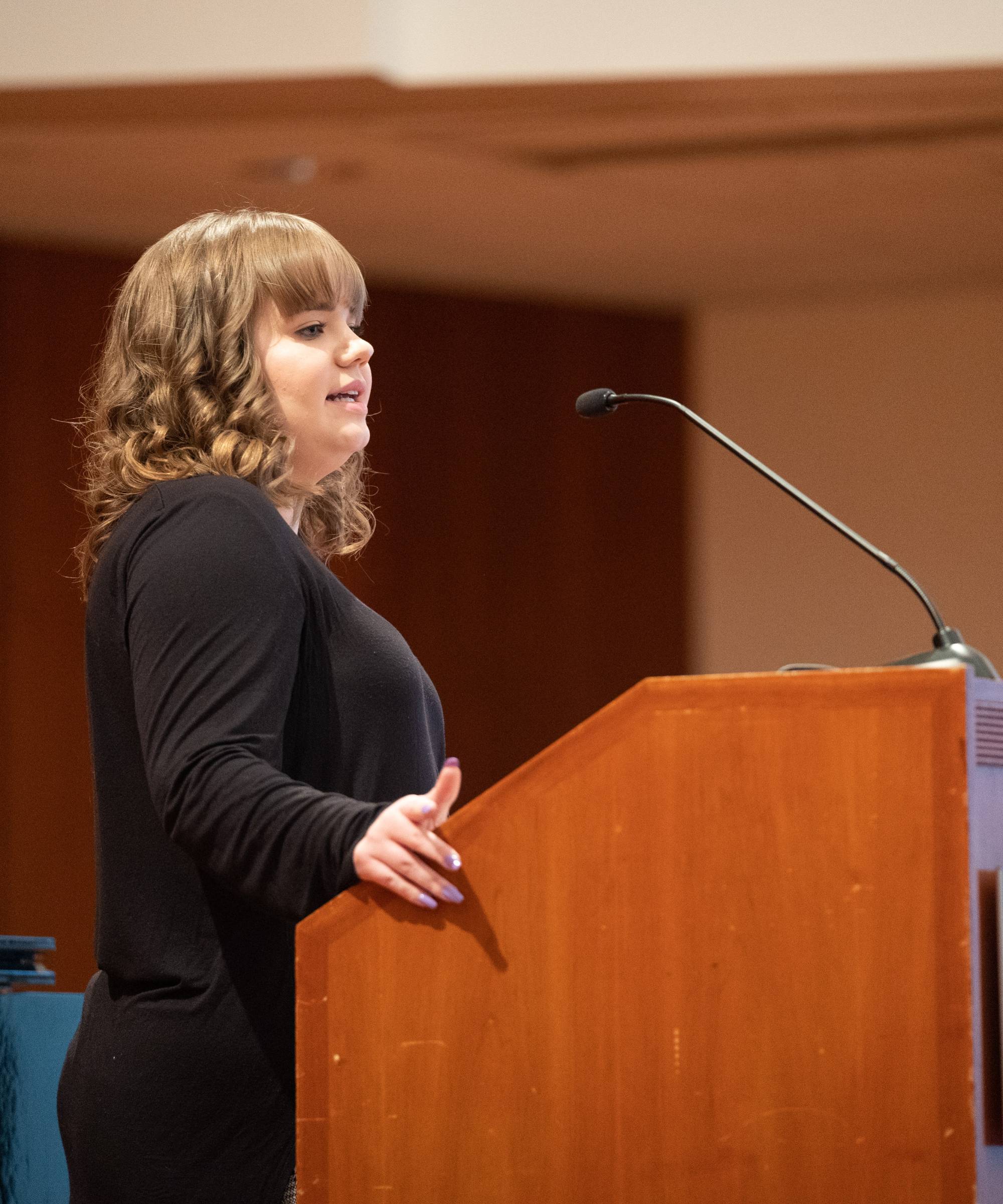 Educational Affairs Vice President, Autumn Mueller giving her speech at the State of the Student Body Address in 2019.